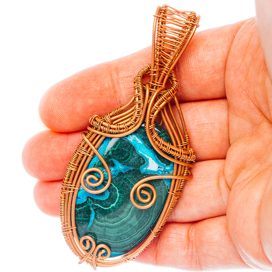 Malachite In Chrysocolla Wire Wrap Pendant 3 1/8" (Copper)