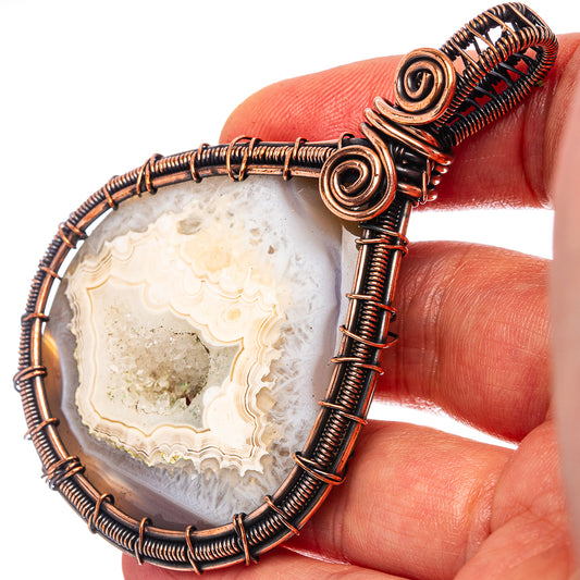 Agate Druzy Slice Wire Wrap Pendant 2 3/4" (Oxidized Copper)