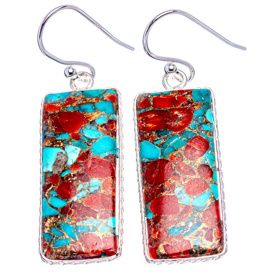 Pair of rectangular coral turquoise matrix drop earrings, sterling silver hooks