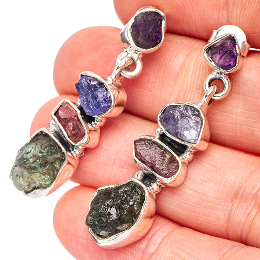 Green Tourmaline, Amethyst, Tanzanite 925 Sterling Silver Earrings 1 3/8" (925 Sterling Silver) E2141