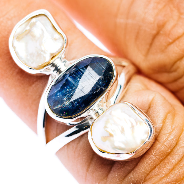 Faceted Kyanite, Baroque Pearl Ring Size 7 (.925 Sterling Silver)