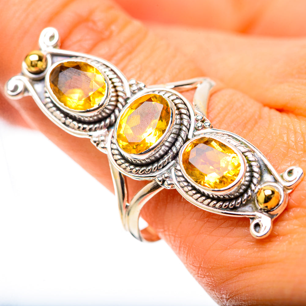 Silver ring with three faceted oval citrine stones and etched bezels, size 10.75