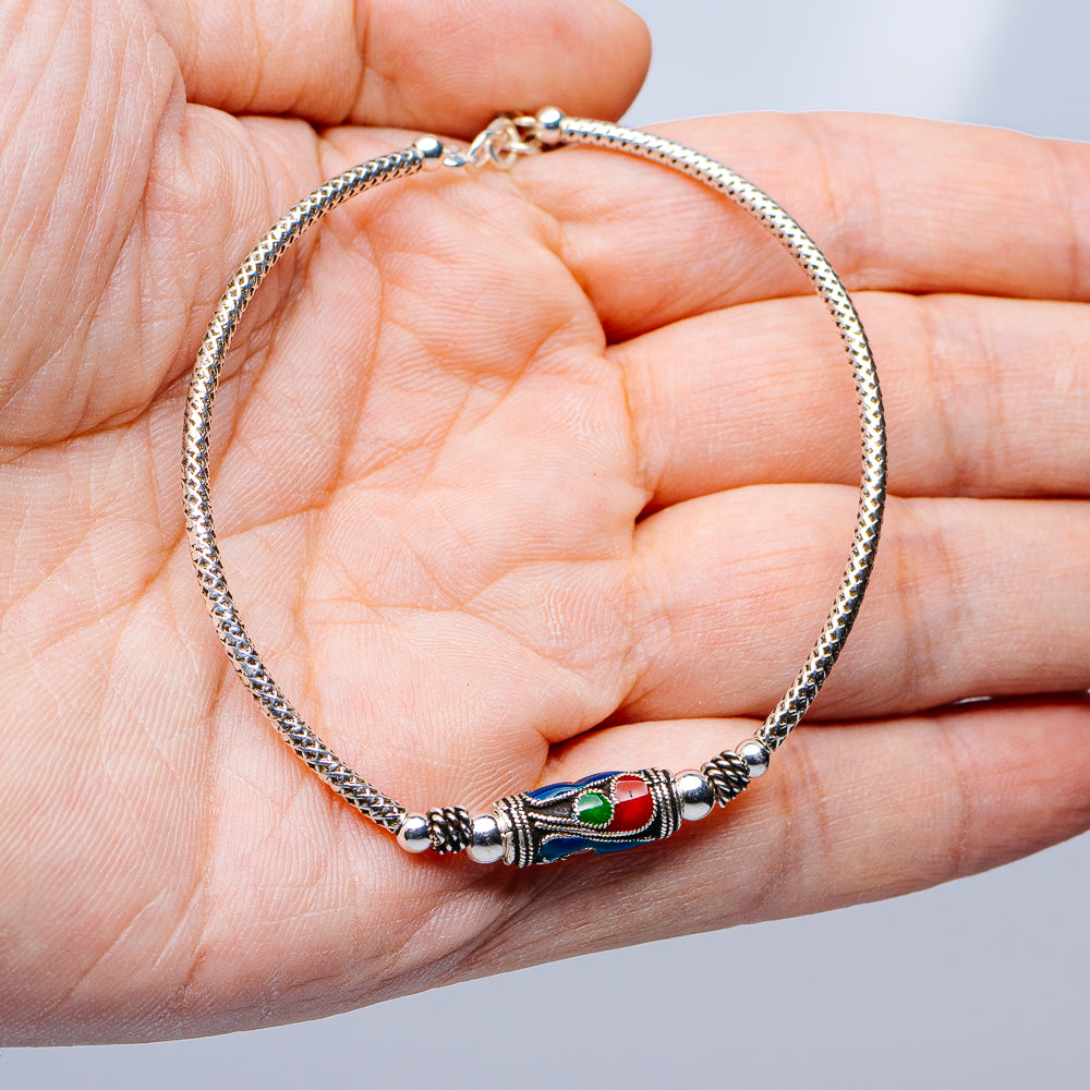 Tibetan Style Enamel Bead Bracelet 6 3/4" (.925 Sterling Silver)