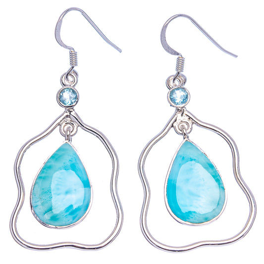 Sterling silver earrings with round blue top stones and heart-shaped wire with blue teardrop