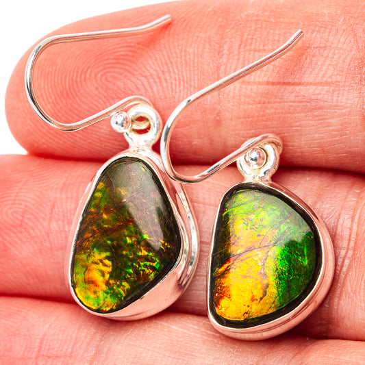 Sterling silver teardrop ammolite earrings, multicolor green and orange iridescent cabochon