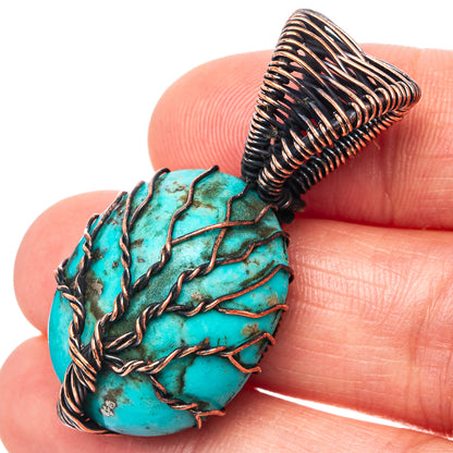 Oxidized copper wire-wrapped turquoise tree of life pendant, close-up detail