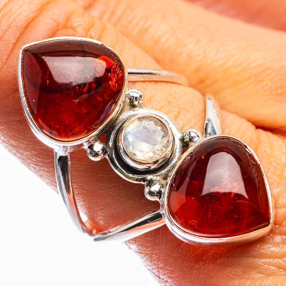 Large Baltic Amber, Rainbow Moonstone Ring Size 10 (925 Sterling Silver) R142342