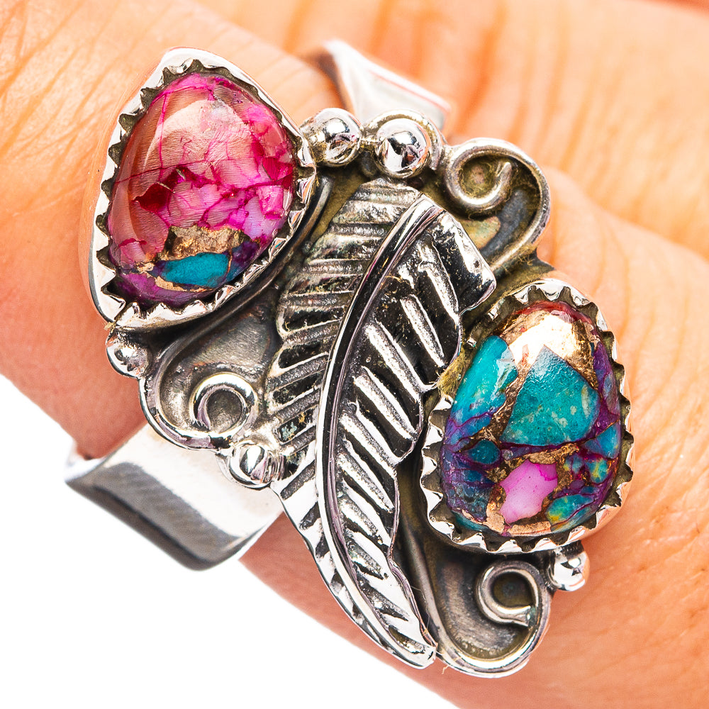 Southwestern Style Pink Dahlia Turquoise Ring Size 7 Adjustable (.925 Sterling Silver)