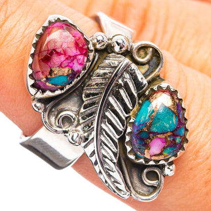 Southwestern Style Pink Dahlia Turquoise Ring Size 7 Adjustable (.925 Sterling Silver)