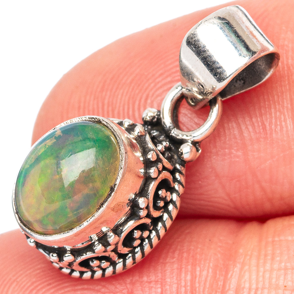 Ethiopian opal pendant bail and textured 925 silver top, oval green opal bezel