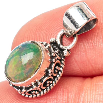 Ethiopian opal pendant bail and textured 925 silver top, oval green opal bezel