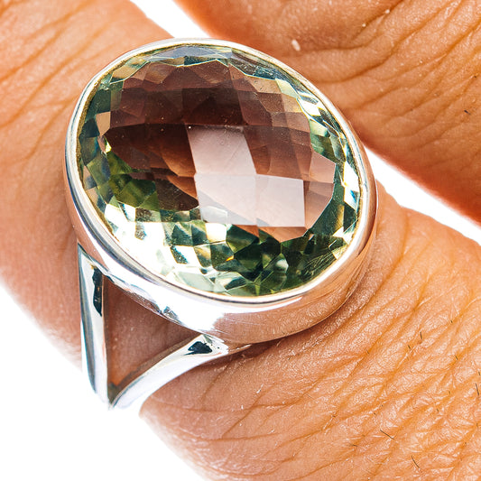 Sterling silver oval green amethyst faceted ring with raised bezel, size 9.5