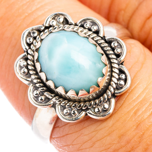 Sterling silver larimar cabochon ring, blue oval stone with textured rope-like frame