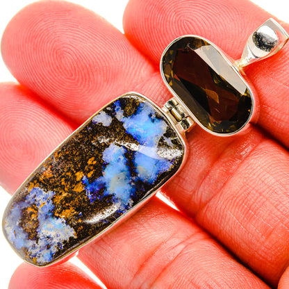 925 sterling silver pendant with blue boulder opal and faceted smoky quartz, bail
