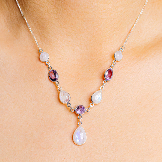 925 sterling silver necklace with purple amethyst and white moonstone teardrop stones
