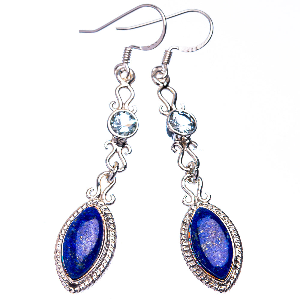 Silver blue gemstone drop earrings with round top and oval lapis-style center