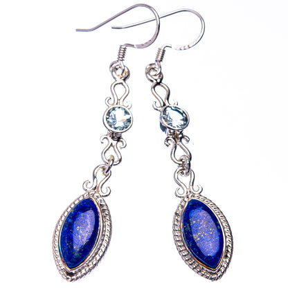 Silver blue gemstone drop earrings with round top and oval lapis-style center
