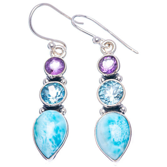 Pair of sterling silver dangle earrings with amethyst and blue stones plus larimar teardrops