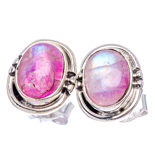 Small oval earrings with pink-purple iridescent stone in silver double-bezel frames