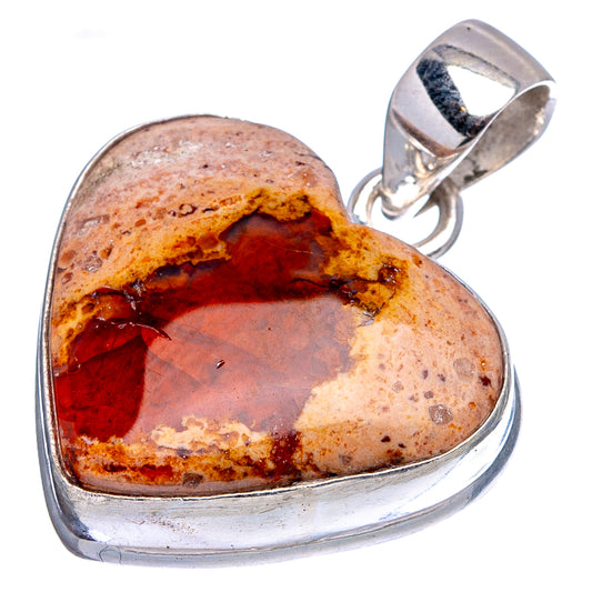 Heart-shaped fire opal pendant with red-orange gem and polished sterling silver frame.