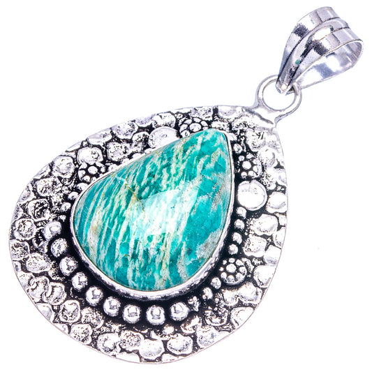 German-silver amazonite teardrop pendant with embossed surround and turquoise-green stone, hanging bail