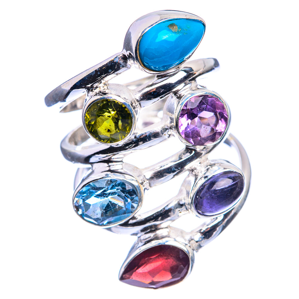 Tibetan Turquoise, Blue Topaz, Peridot, Amethyst, Tanzanite, Garnet Ring Size 6.25 (925 Sterling Silver) R142394