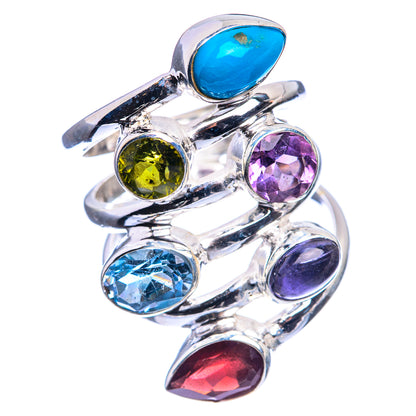Tibetan Turquoise, Blue Topaz, Peridot, Amethyst, Tanzanite, Garnet Ring Size 6.25 (925 Sterling Silver) R142394