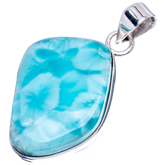 Blue larimar oval pendant in .925 sterling silver bezel with loop bail, side view