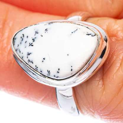 Sterling silver oval cabochon ring with white stone and dark dendritic inclusions
