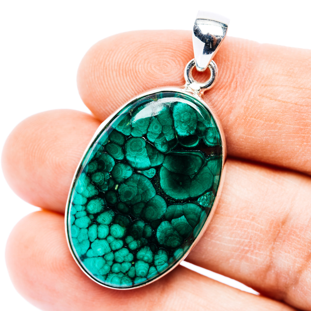 Oval malachite pendant with .925 sterling silver bezel and bail, teal green stone