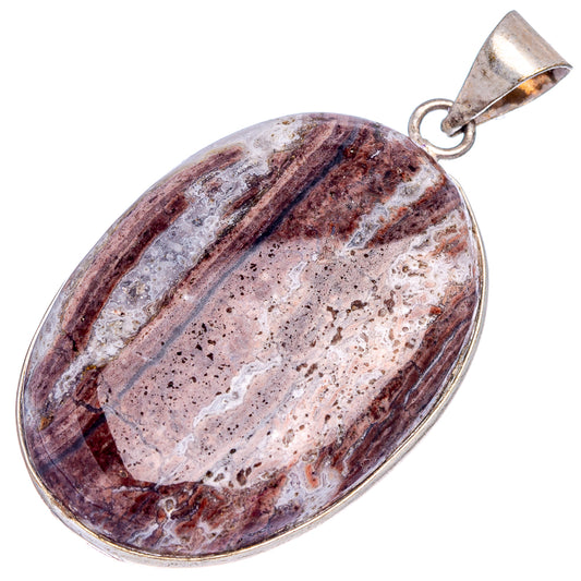 Silver-plated oval lace agate pendant with bail, speckled brown-gray stone