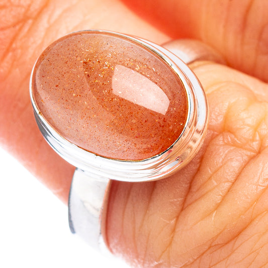 Sterling silver sunstone ring with oval orange cabochon, size 6.5