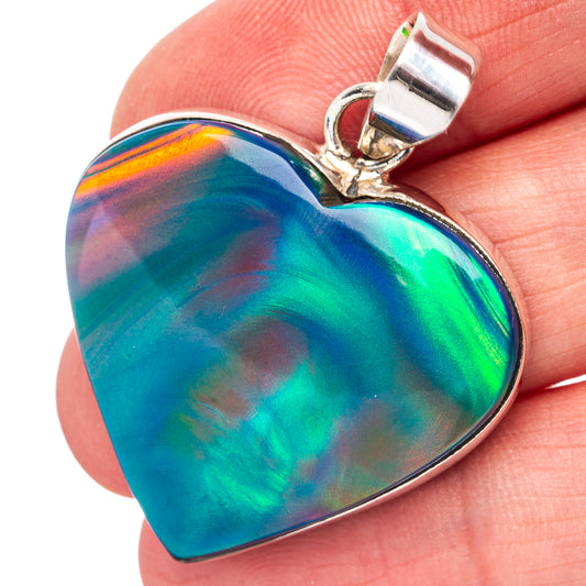 Heart-shaped iridescent opal pendant, rainbow blue-green heart, .925 silver bail