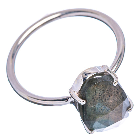 Sterling silver ring with faceted labradorite stone and round band, side view