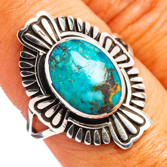 Turquoise oval cabochon sterling silver ring with ornate stamped rays, size 7.75