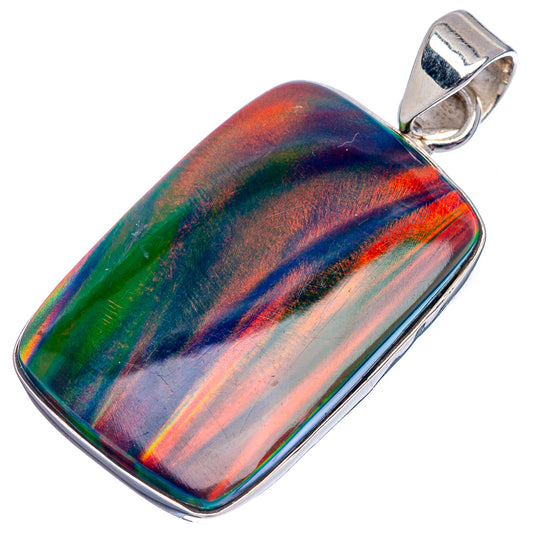 Rectangular iridescent rainbow opal pendant in 925 sterling silver, angled view