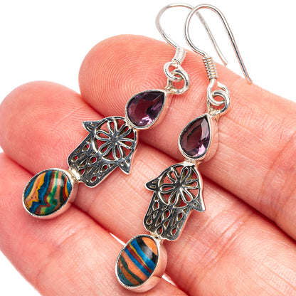 Sterling silver amethyst teardrop and rainbow striped disc dangle earrings, flower charms