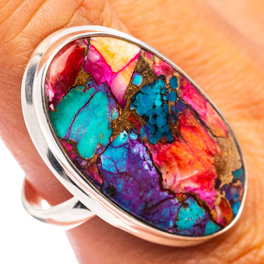 Oval .925 sterling silver ring with multicolor turquoise and pink inlay stone