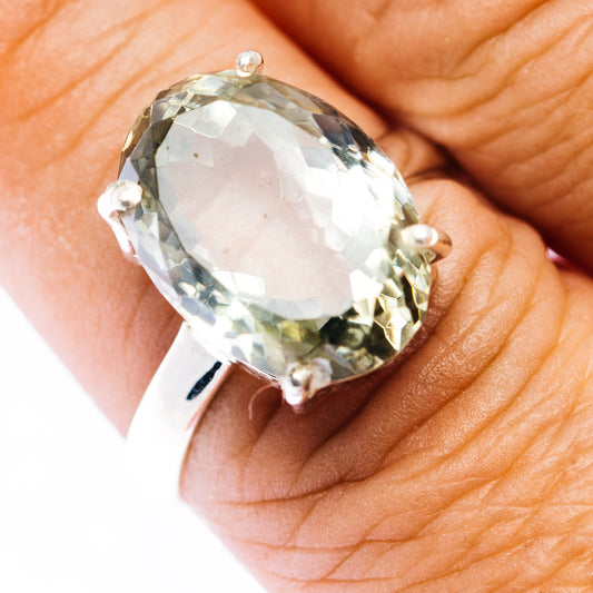 Faceted prasiolite ring in .925 sterling silver, oval gemstone with four prongs