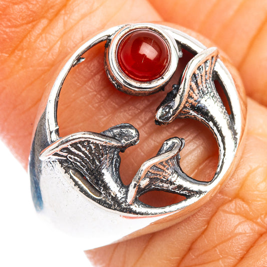 Sterling silver dainty ring with red cabochon carnelian and mushroom cutout details