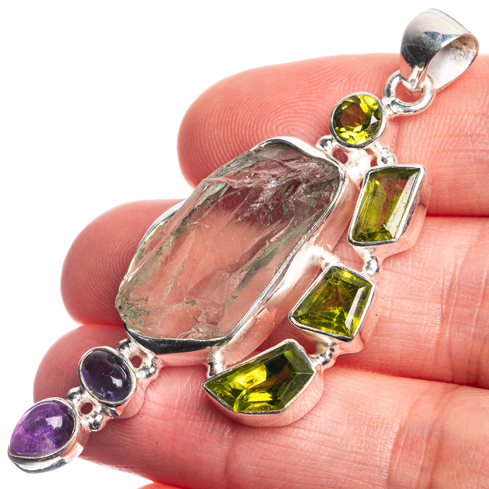 Rough Aquamarine, Peridot, Tanzanite, Amethyst 925 Sterling Silver Pendant 2 3/8"
