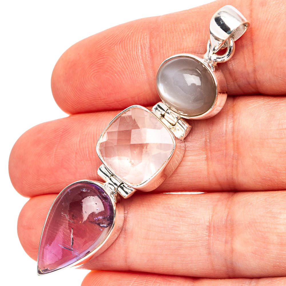 Premium Rose Quartz, Amethyst, Gray Moonstone Pendant 2 3/8" (.925 Sterling Silver)