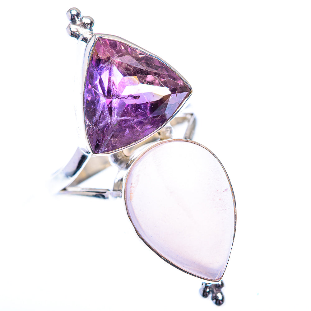 Sterling silver ring with large purple amethyst triangle and pale pink rose quartz oval