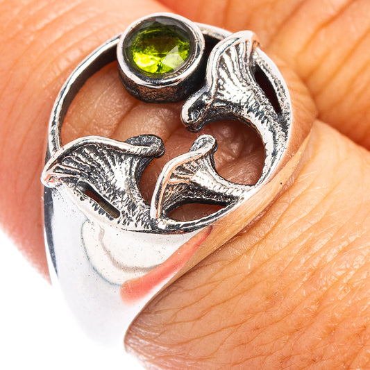 Sterling silver mushroom ring with round green peridot-style gemstone, dainty band