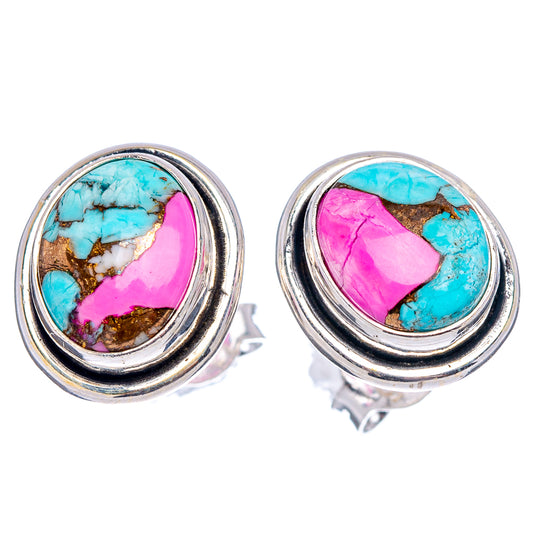 Side view of oval turquoise and pink gemstone stud earrings in .925 sterling silver