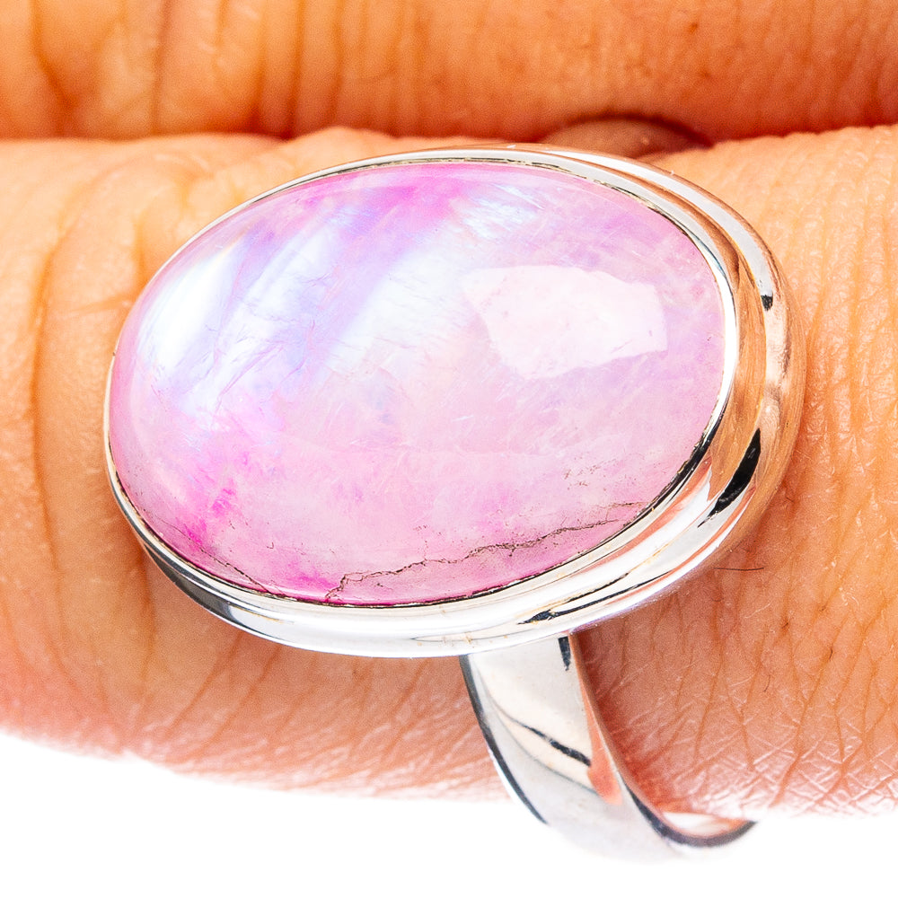 Sterling silver ring with oval pink moonstone cabochon, bezel-set