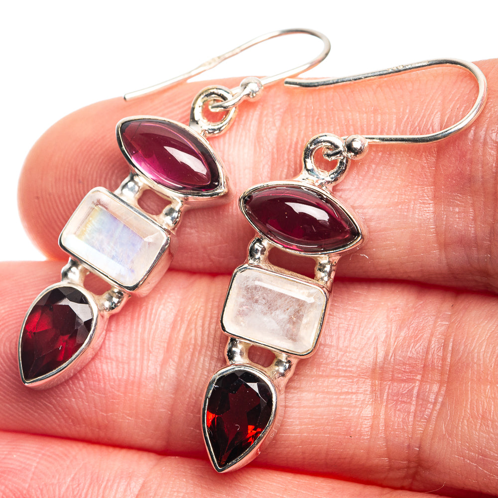 Rainbow Moonstone, Garnet Earrings 1 5/8" (925 Sterling Silver) E432703