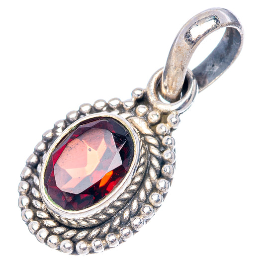 Sterling silver garnet pendant with oval faceted red gemstone, ornate beaded frame