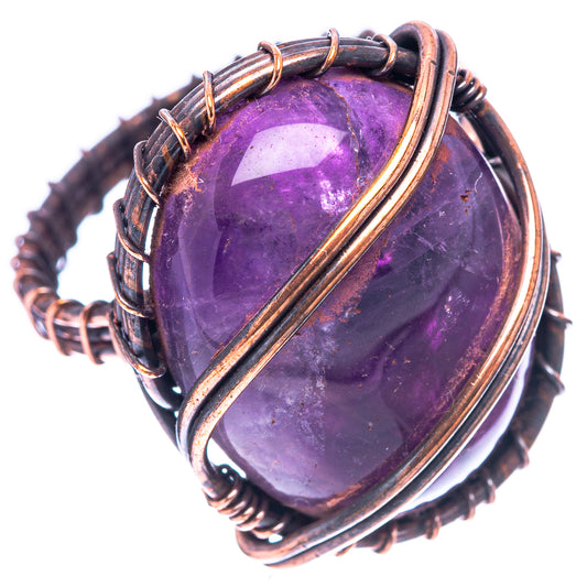 Oxidized copper wire ring with large amethyst purple oval gemstone, size 8.25