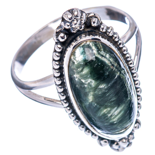 Sterling silver .925 ring with oval green seraphinite stone and beaded halo